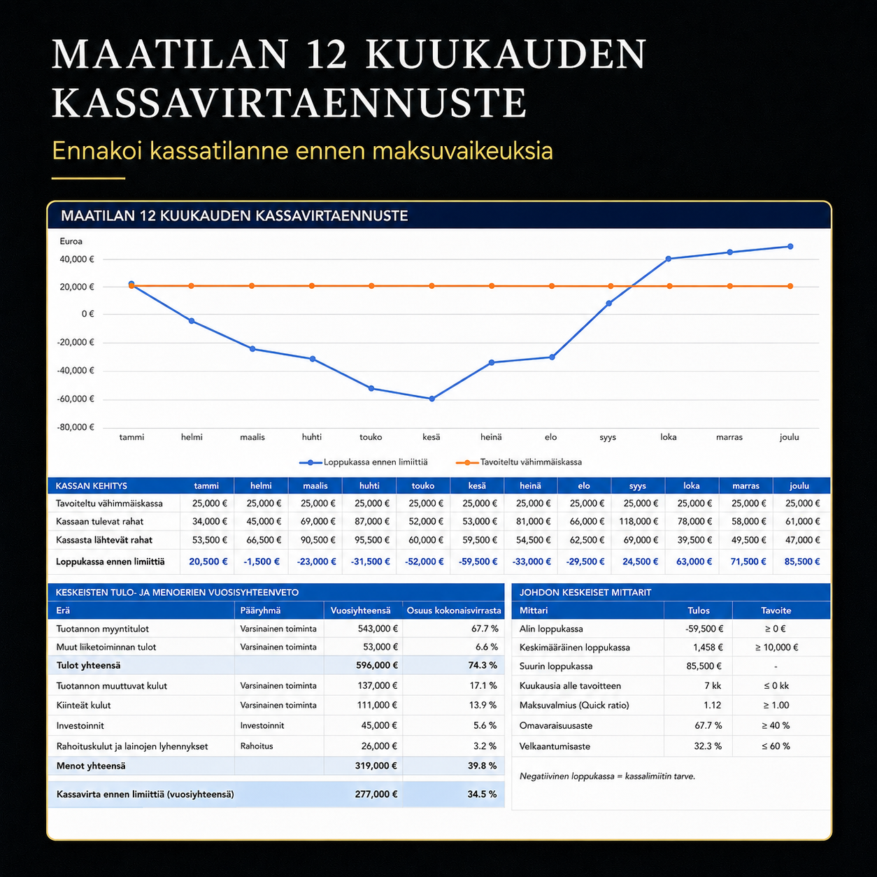 Maatilan 12 kuukauden kassavirtaennusteen Excel-näkymä